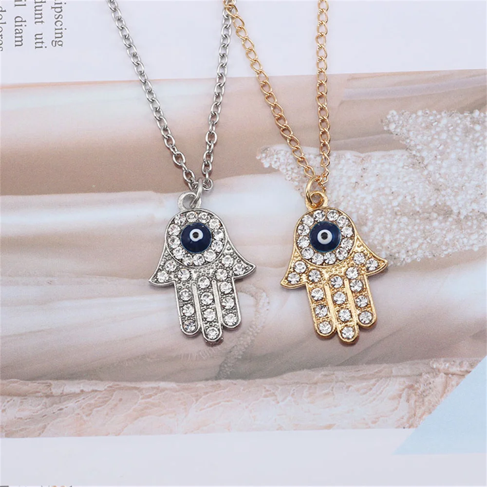 Turkish Evil Eye Hand of Fatima Pendant Necklace Zircon Lucky Blue Eye Clavicle Chain for Women Men Hip Hop Jewelry Gifts