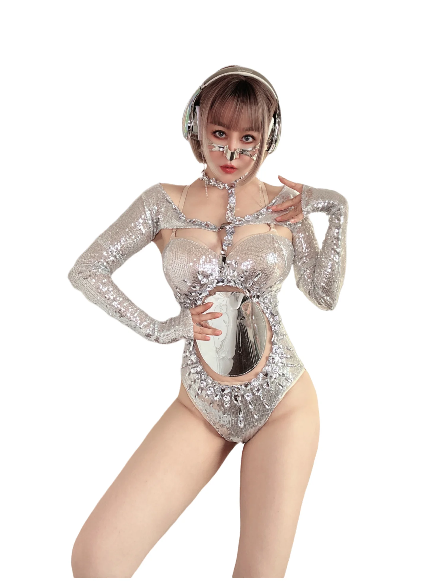 

Flashing Silver Rhinestones Bodysuit Sexy CutoutSequins Pole Gogo Dance Costume Women MenNightclub Dj Ds Rave Outfit B151