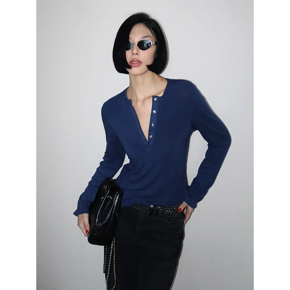 VanessaLab Navy Blue Henry Collar Multi Button Slim Fit Base Shirt Long Sleeved T-Shirt Women's Inner Top