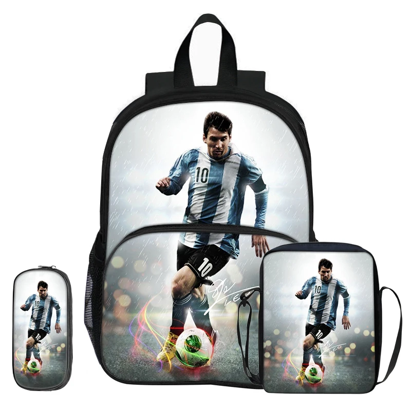 M-Messi 3Pcs set with Front Pocket Backpack Football Sports Shoulder Bags Football Star Pencil Bag Student School Bags Rucksack