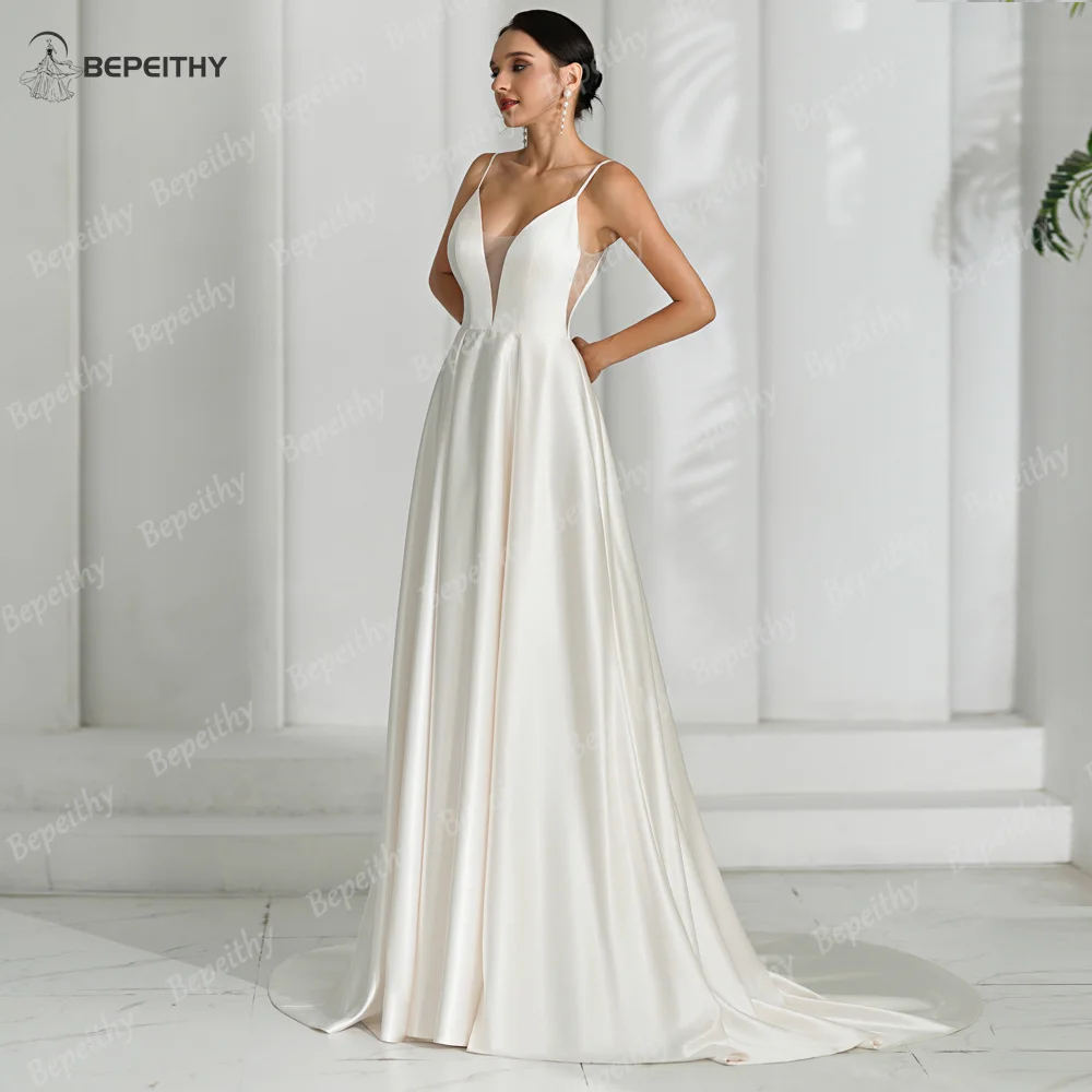 BEPEITHY-Robes de mariée en satin à col en V pour femmes, robe dos nu personnalisée, simple et sexy, fête, patients blancs