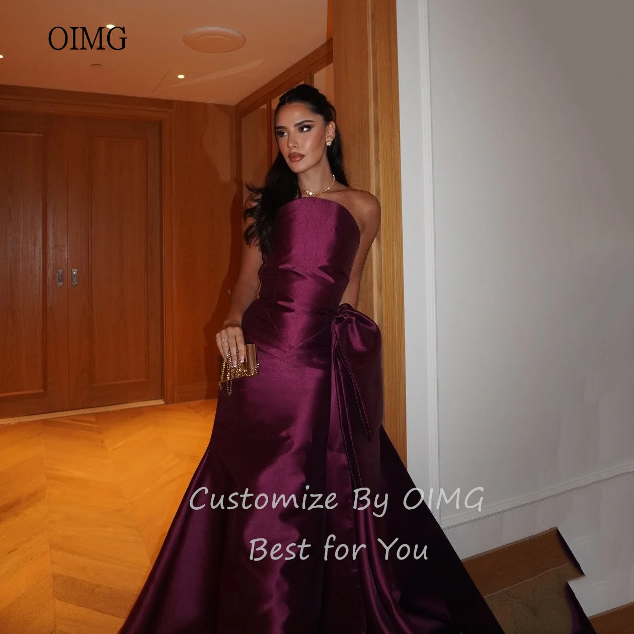 

OIMG Classic Purple Strapless A Line Prom Gowns Satin Backless Formal Party Gown Floor Length Evening Dress Customized