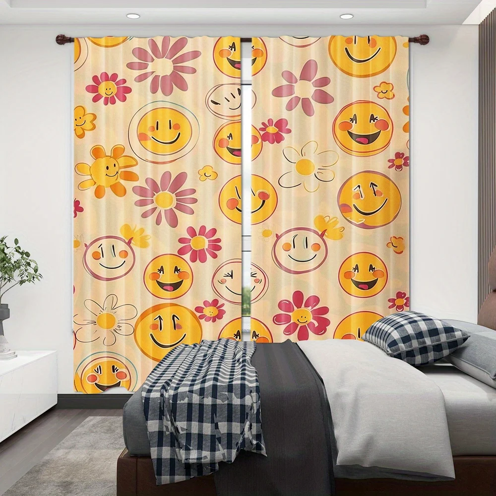 Retro Smiley Face Curtains Vintage Yellow Flower Window Drapes 70s Hippie Decor Blackout Fabric for Kids Room Living RoomBedroom
