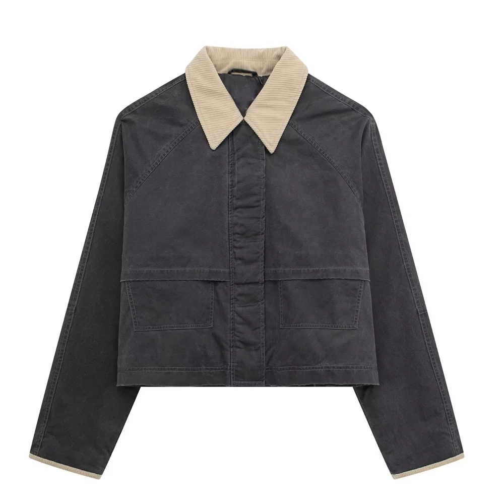 

Autumn New Women Street Style Contrasting Polo Collar Waxed Leather Jacket Loose Casual Lady Top