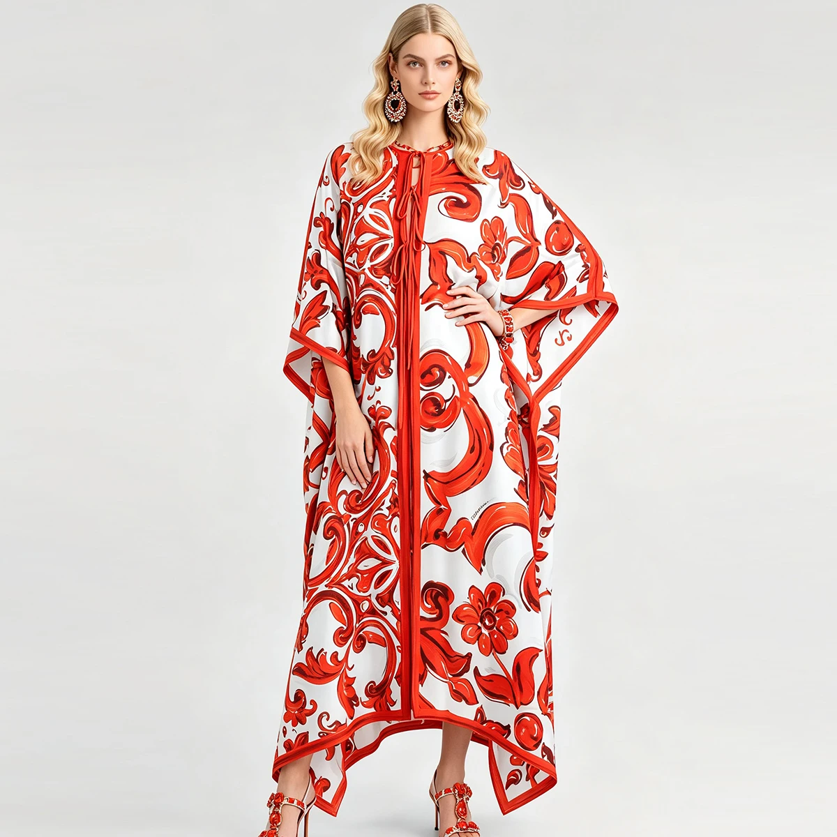 Women Red White Floral Print Kaftan Maxi Dress Batwing Sleeve Loose Maxi Dress Beach Coverup Dubai Abaya Casual Vacation Robe