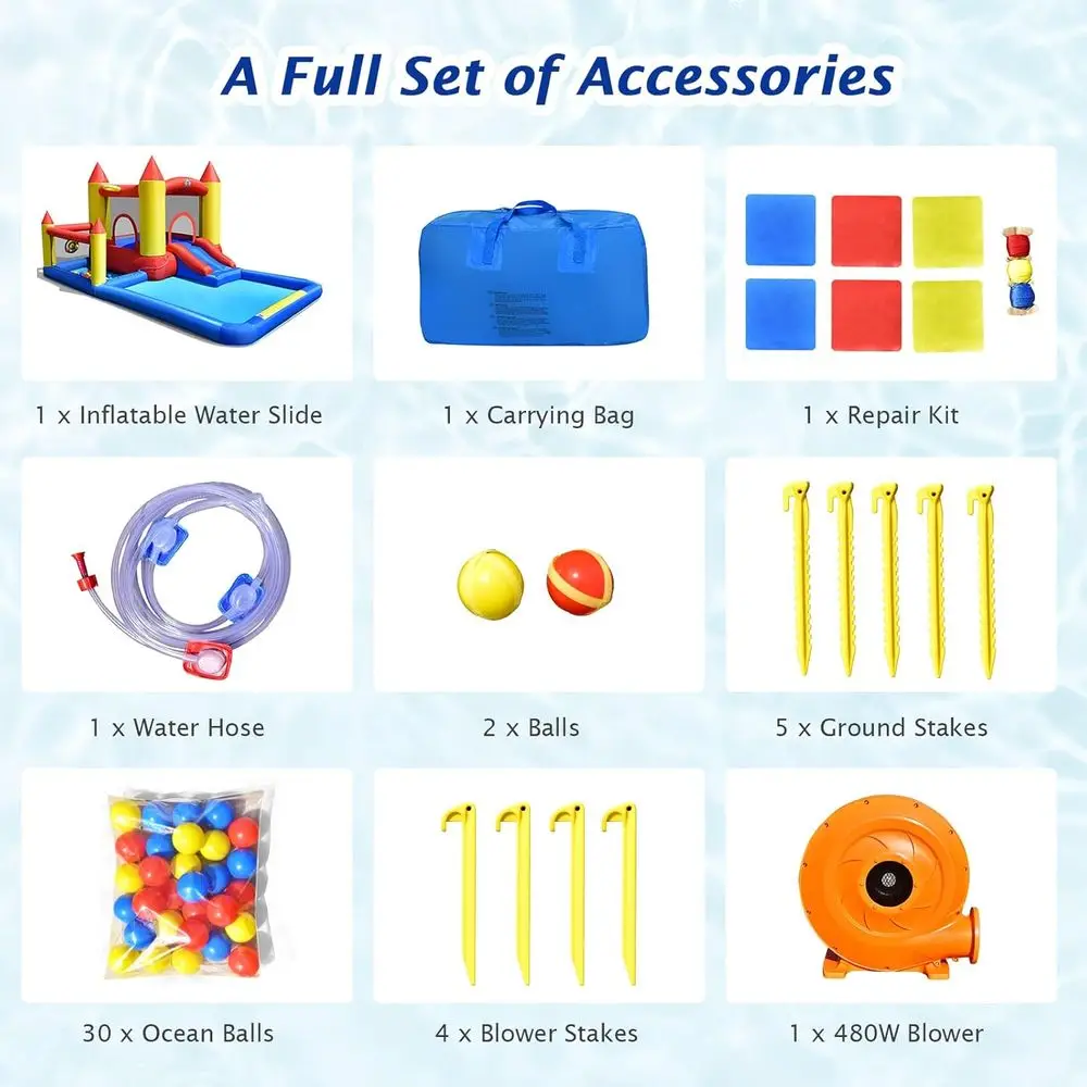 บ้านลมเป่าลมเล่นน้ำ, สวนน้ำสไลเดอร์ยักษ์สำหรับเด็กเล่นสนุกในสวนหลังบ้าน ทั้งแบบเปียกและแบบแห้ง พร้อมเครื่องเป่าลม 480 วัตต์, สระน้ำเล่นน้ำ, แบบเป่าลม