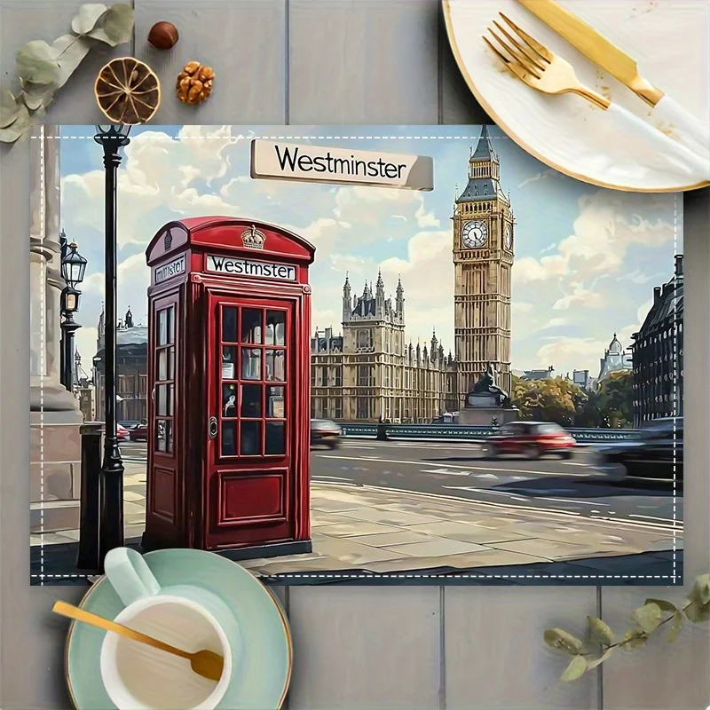 London Landmark Placemats Set of 4 Big Ben Place Mats for Dining Table Kitchen Decor Washable Linen Like Travel Lover Gift