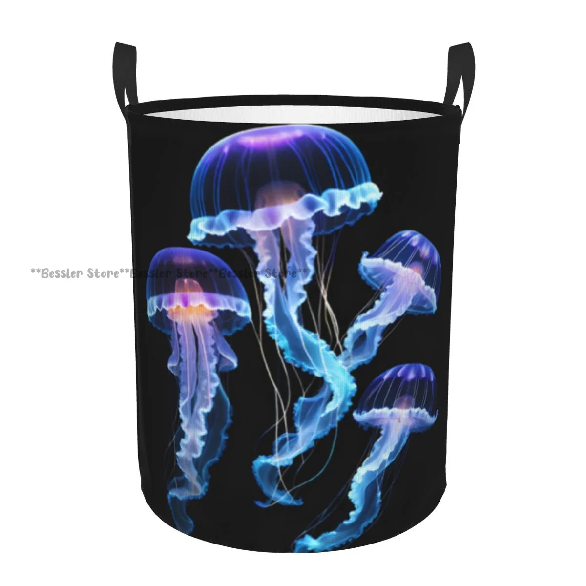 

Laundry Basket Colorful Jellyfish Background Round Storage Bin Collapsible Hamper Clothes Bucket Organizer