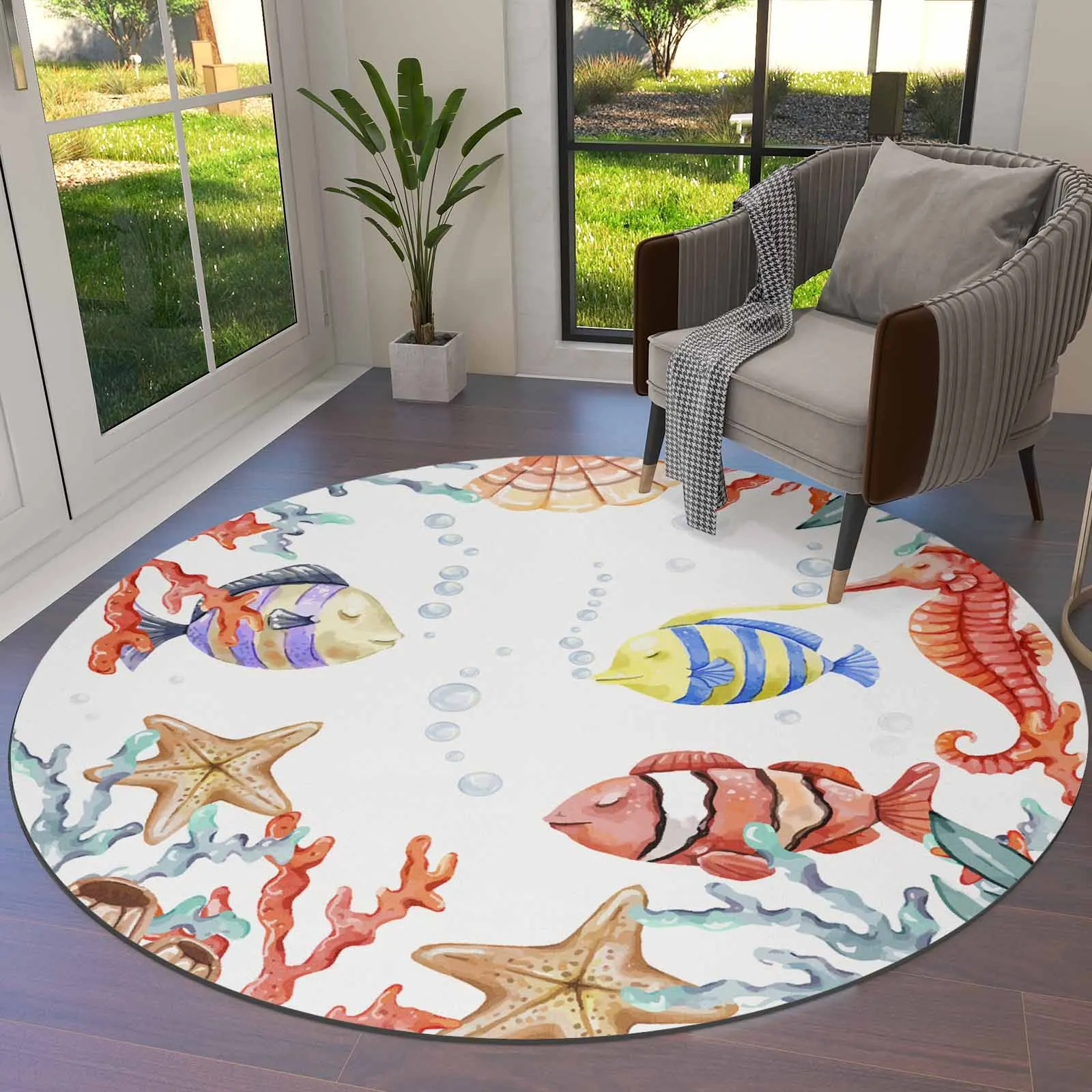 Marine Seabed Starfish Shellfish Seahorses Round Area Rug Carpets For Living Room Large Mat Home Bedroom Kid Room Decoration