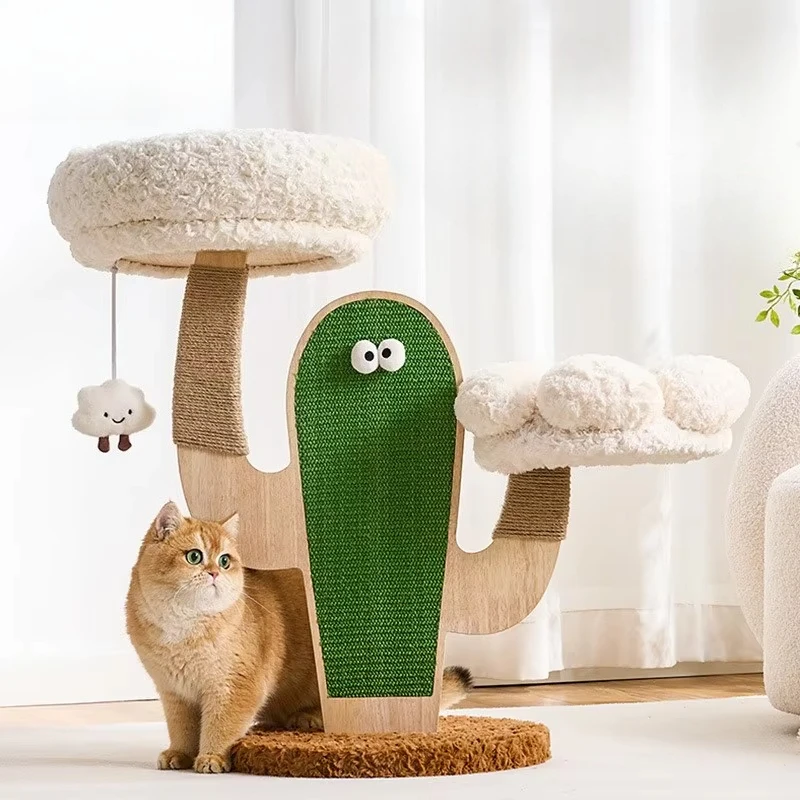 &c Cactus Cat Climbing Frame Solid Wood Multilayer Board Space-Saving All-in-One Cat Scratching Post Scratch-Resistant