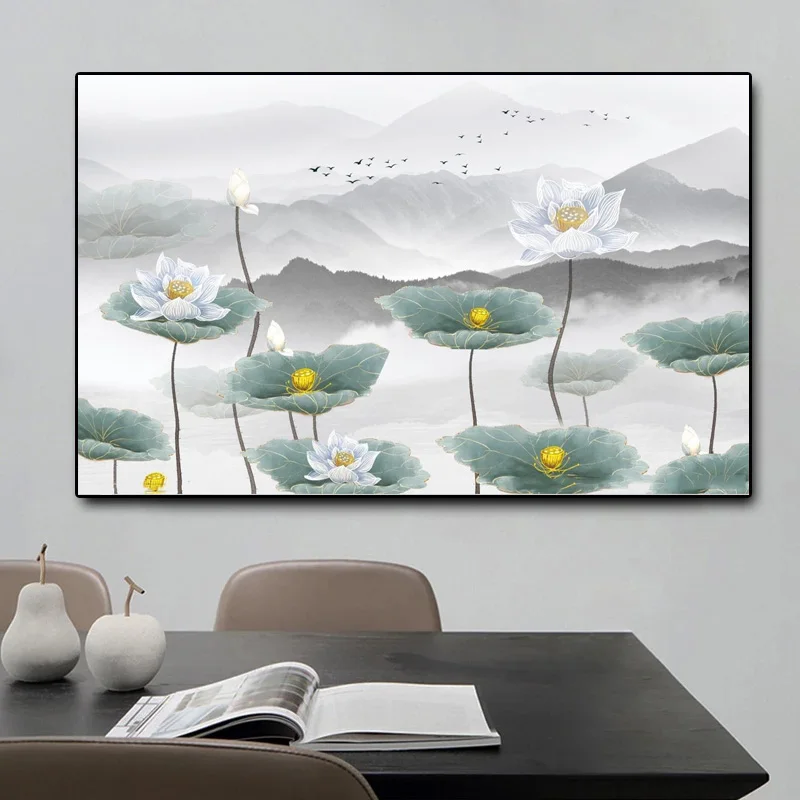 Chinese Lotus Rhyme Lake Fish Modern Posters and Prints Wall Art Canvas Painting Pictures for Living Room Decoration No Frame