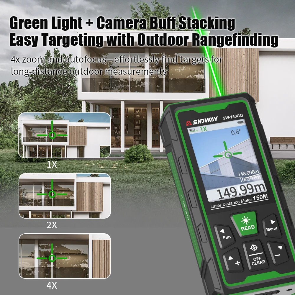 SNDWAY SW-150GQ 150M Green Laser Distance Meter with Camera, IP68 Waterproof, 4x Zoom, 100 Records Storage, for Indoor Outdoor