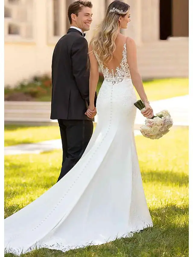 Mermaid / Trumpet Wedding Dress Bridal Deep V-Neck Sweep Court Train Lace Sleeveless Sexy Backless Floor Length Tight Fit Dress