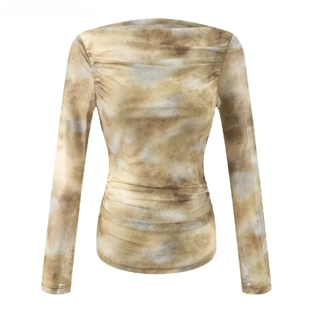 2025 Sexy Tie-Dye Print Ruched Shoulder T-Shirt for Women, Slim Fit Pleated Waist & Full Sleeve Tee (Character Count: 78)