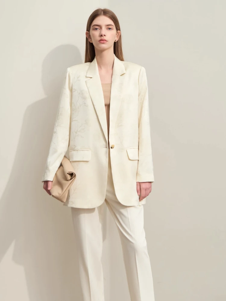 AMII 미니멀리즘 여성 재킷 2025 가을 신상 중간 길이 모란 자카드 루즈 긴팔 기본 프린트 여성 블레이저12441108