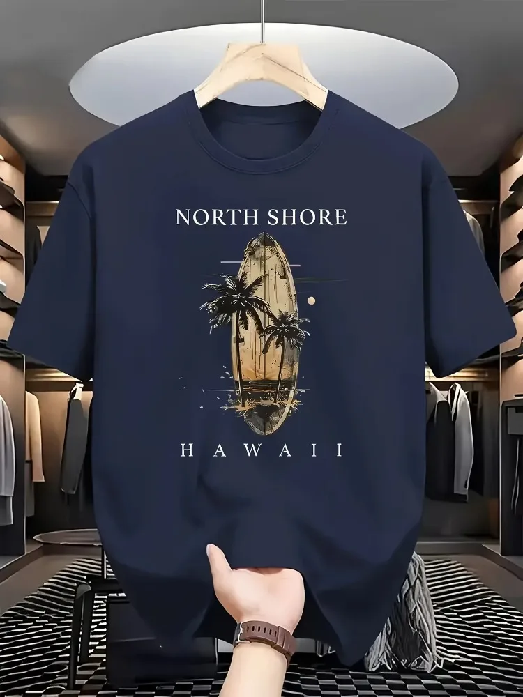 SHORE HAWAII Surfing Board And Palm Tree Pattern White Short-Sleeved T-Shirt: A Stylish Item That Shows The Tropical Seaside Sty