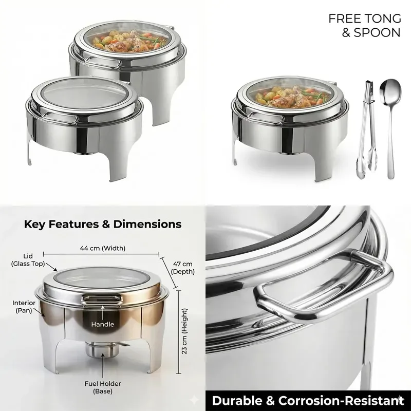 Stainless Steel Round Thermal Insulation Hot Pot Buffet Tray with Glass Cover Food Warmer for Hotel Party Catering
