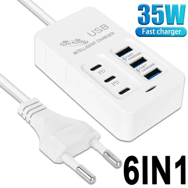 Multiport USB Charger Type C Desktop Wall Charger Adapter 35W Adapter Mobile Phone EU US Plug USB Type C 6 Ports Extend Charger