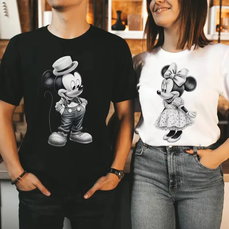 Nueva camiseta Vintage de Mickey y Minnie para parejas, camiseta nostálgica de Disney, camiseta de Mickey Mouse Disneyland, camisetas con silueta de Disney, camisetas Unisex