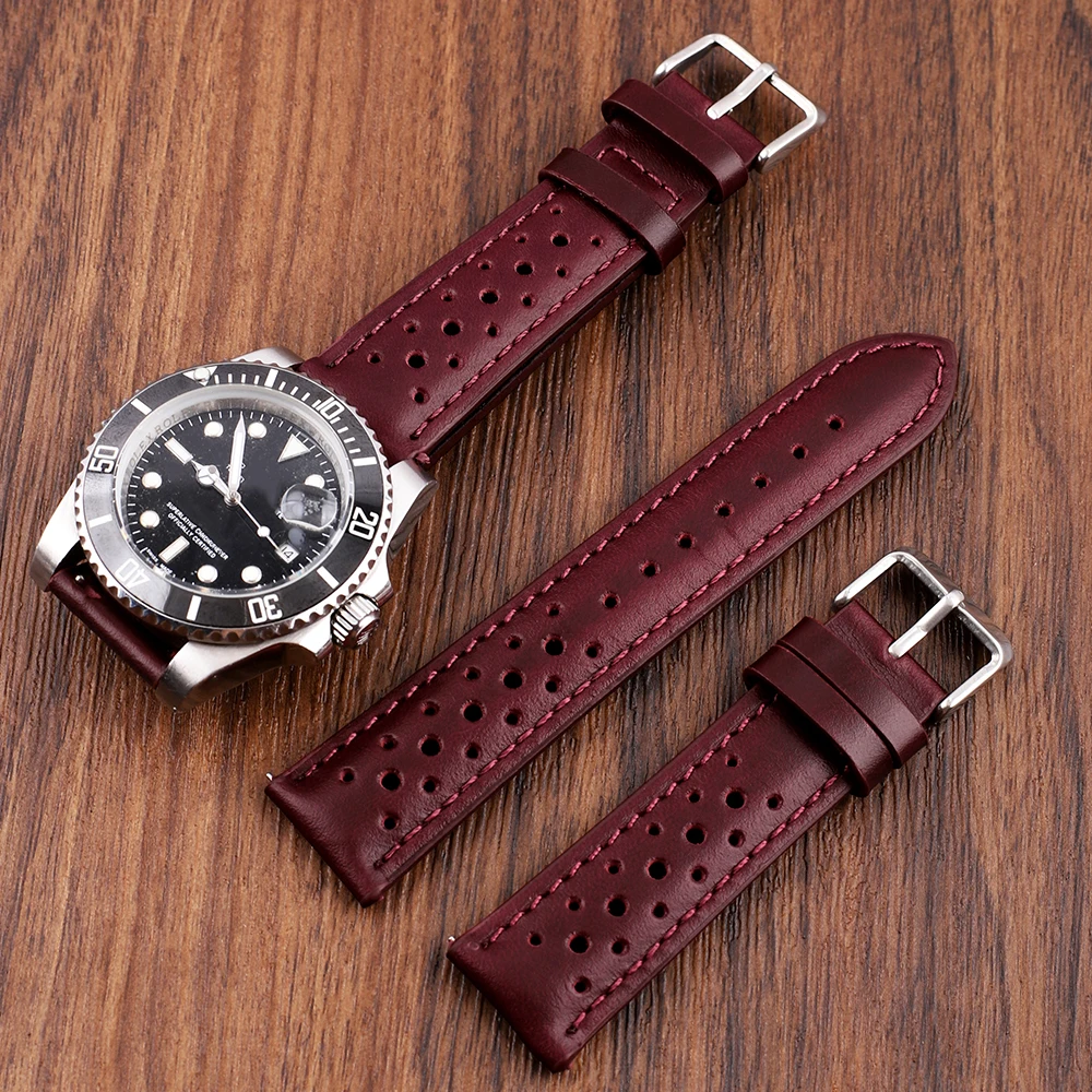 

20mm Handmade Watch Strap Breathable Watchbands for Women Men Watch Band Bracelet Replacement Belt Wine Red