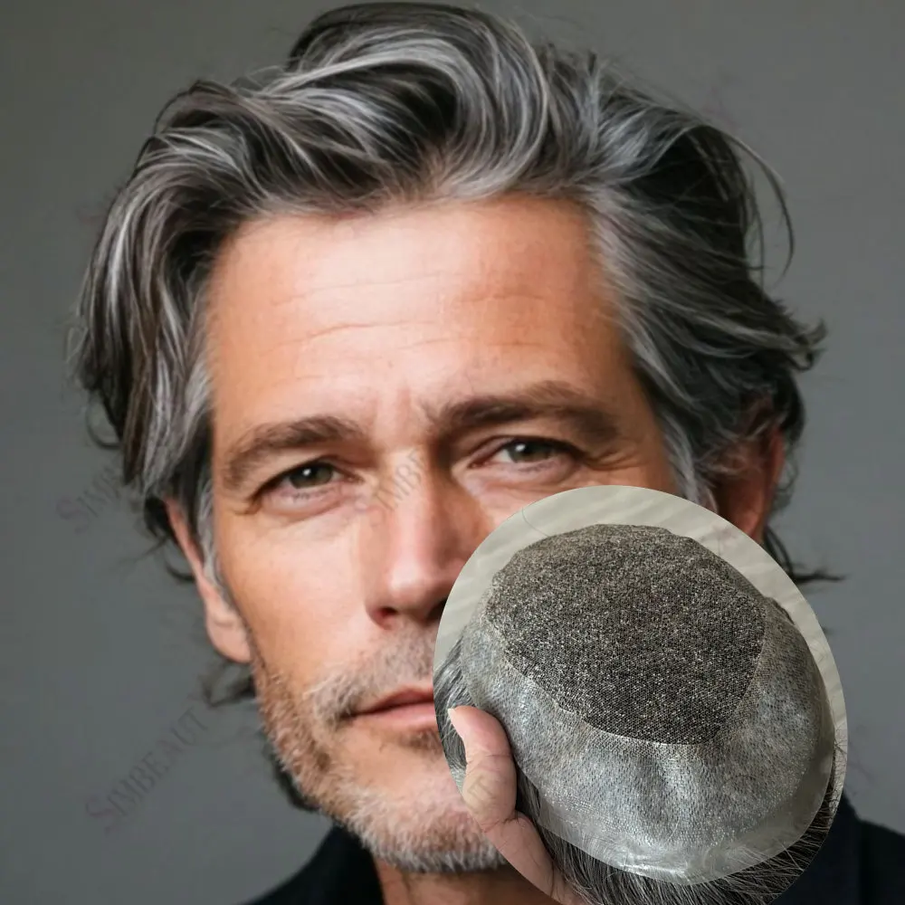 

Мужской парик-накладка из кружева и полиуретана (PU) для мужчин, дышащий, с естественной линией роста волос, цвет 1B30/1B40, серый, из натуральных человеческих волос, для мужчин с выпадением волос