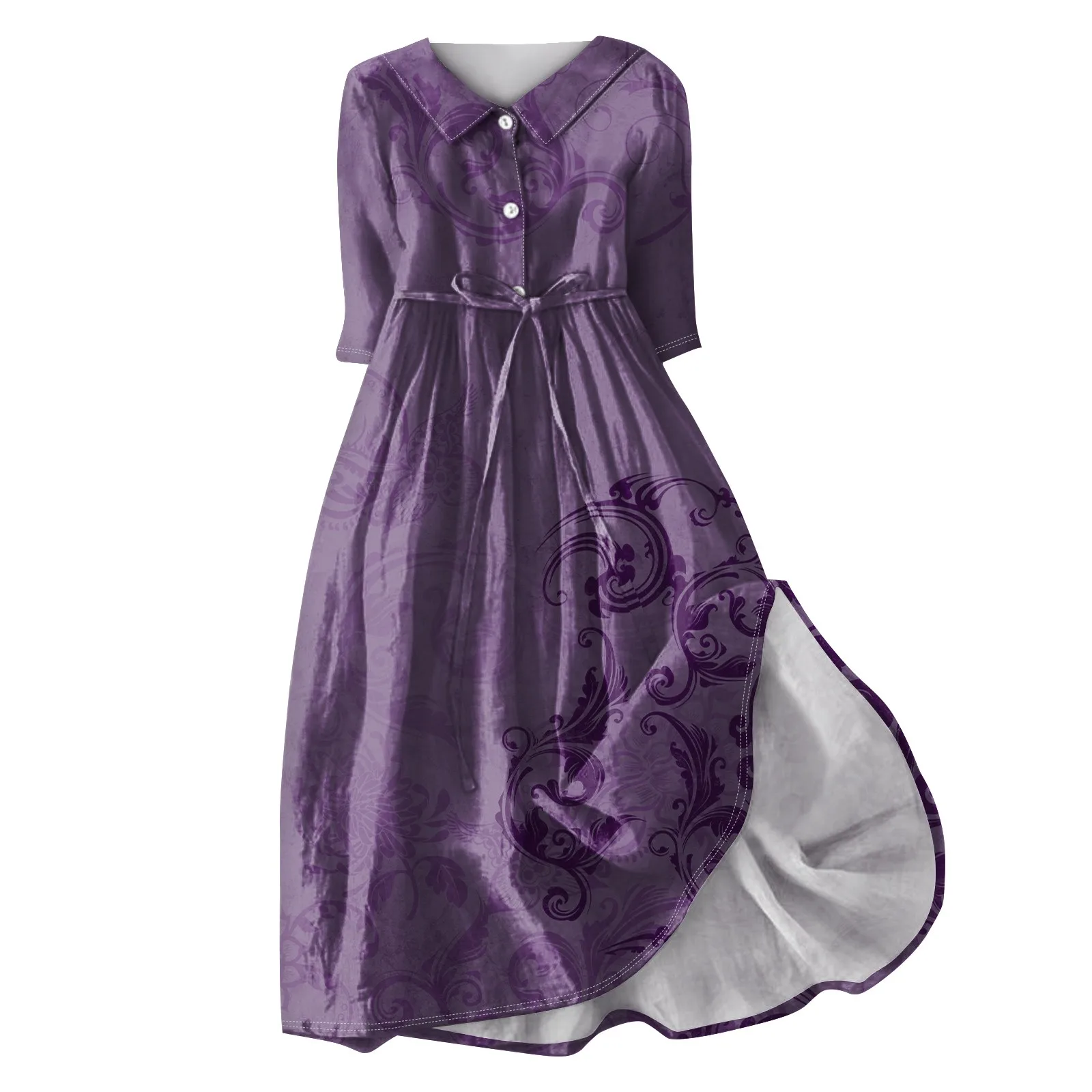 فستان نسائي كلاسيكي مطبوع بأزرار لأعلى ، كم ، ياقة قلاب ، خصر مرتفع ، رباط ، فستان مزين بأربطة ، موضة كلاسيكية