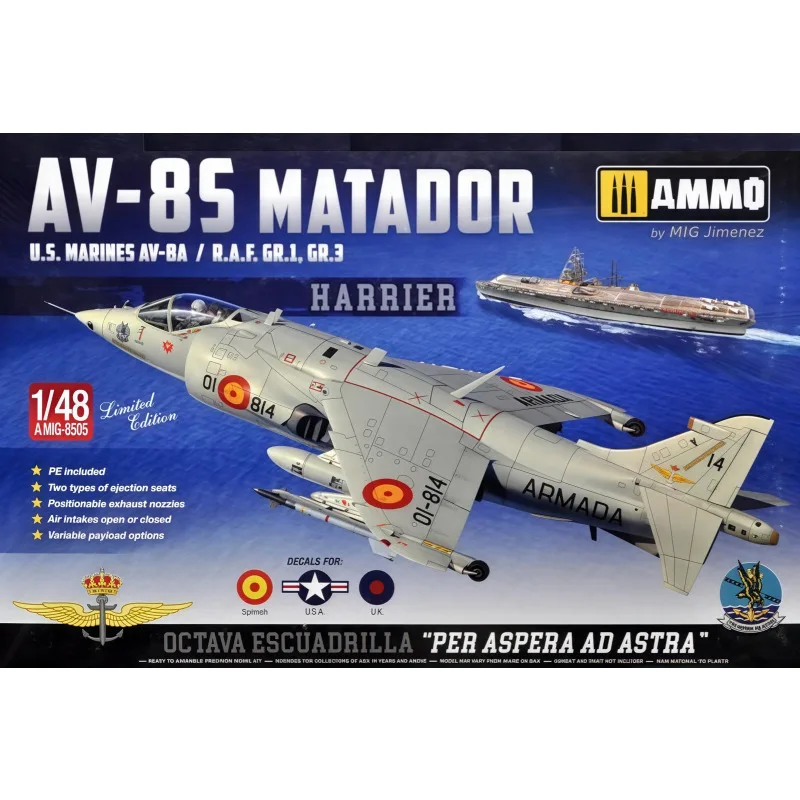 KINETIC Assemble Plastic Model Kit K8505 1/48 Harrier AV-8S Matador-Spanish, American, British Versions