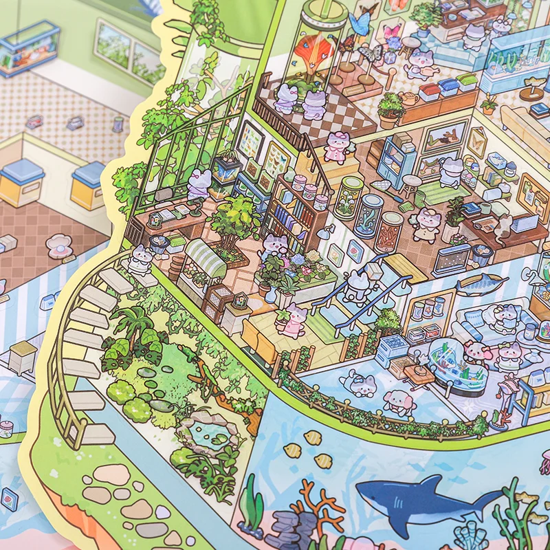 Card Lover 4 Pcs [Day And Night Fairy Tale Series] Miniature Landscaping Hand Booklet Large Size Stickers Puzzle Stickers PET