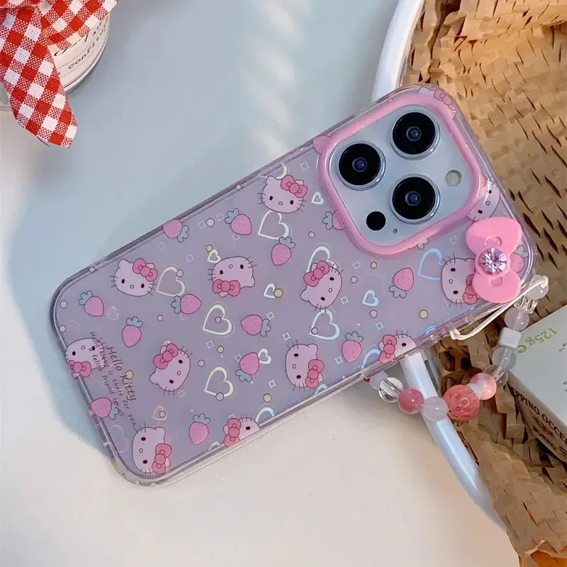 Sanrio-funda de teléfono con soporte de Hello Kitty para iPhone, carcasa con lazo láser para iPhone 16, 15, 14, 12, 13, 11 Pro Max, XR, XS MAX, 7, 8 PLUS, MINI Y2K