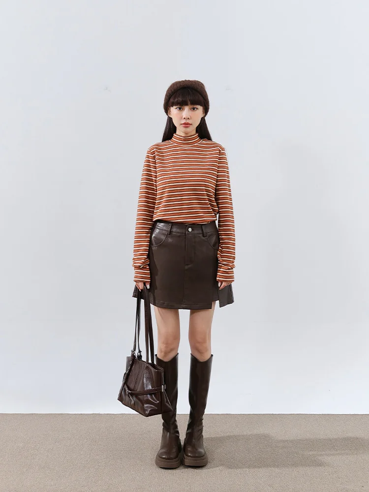 

Queenop Leather Skirt Split Design High Waist A-Line Casual Sle Women's New Autumn Winter Faion f-length Skirts