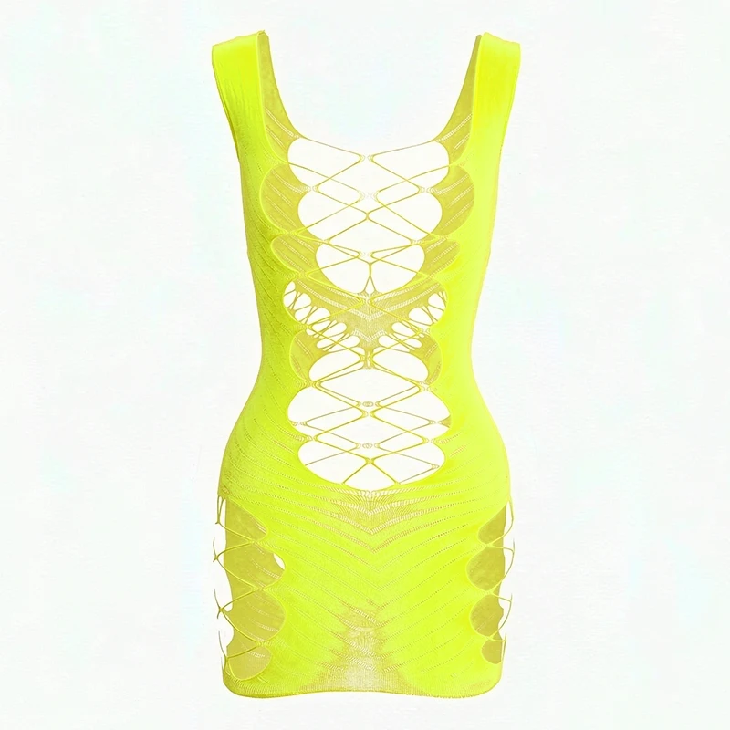 Fishnet Women Sexy Beach Cover Up Dress Women Stretch See Through Sleeveless without Bikini Swimsuit Cover up Mini Beachwea