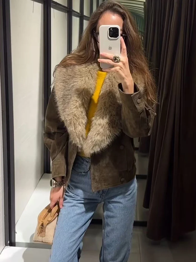    Elegante Frauen Wildleder Lose Jacke Mode Faux Pelz Kragen Zweireiher Jacke 2025, Winter High Street Kurze Streetwear