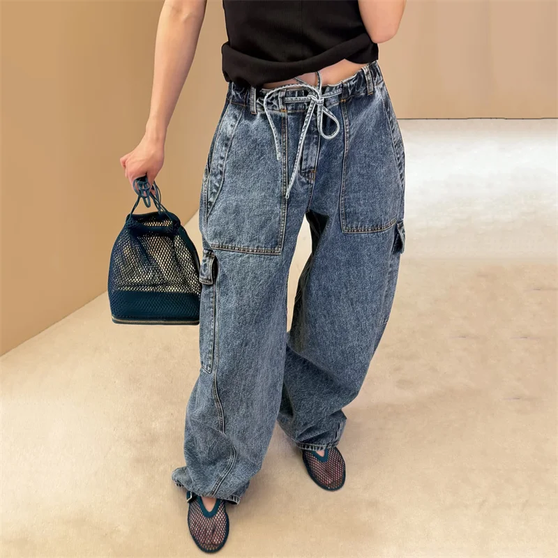 

Women's jeans New retro pure cotton straight leg pants for summer 2026 Multi pocket decorative cargo pants y2k wide leg pants