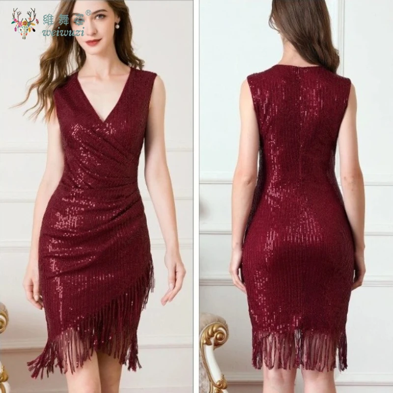 スタイリッシュでタイトなディープVネックセクシードレス、スパンコールとタッセル付き、イレギュラーヘムデザイン、あらゆる種類のダンスパーティーに最適