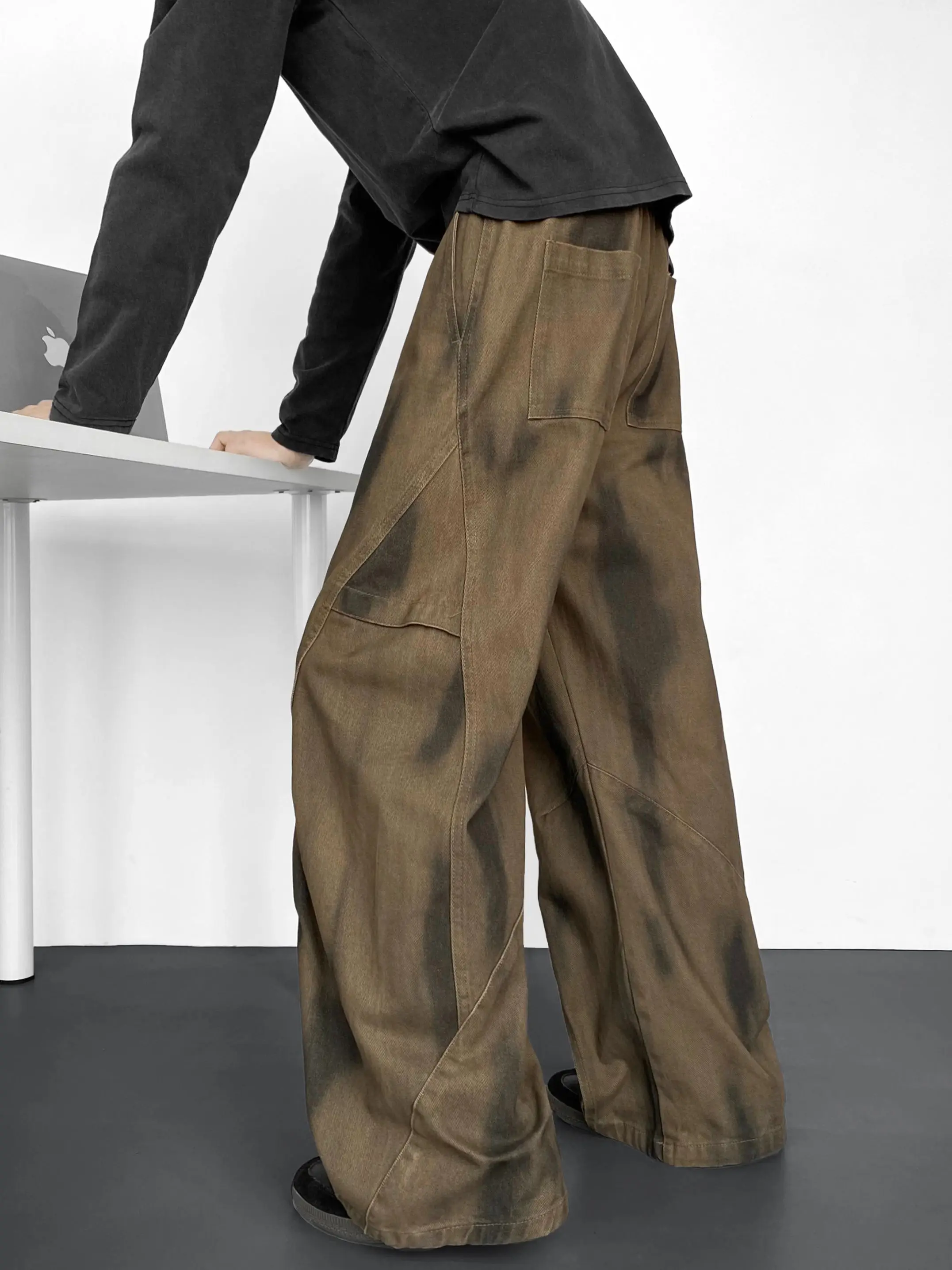 Men Deconstructed Tie‑Dye Cargo Pants Loose Wide Leg Trousers Cotton & Regenerated Cellulose Fiber Vintage Street Style Multi Po