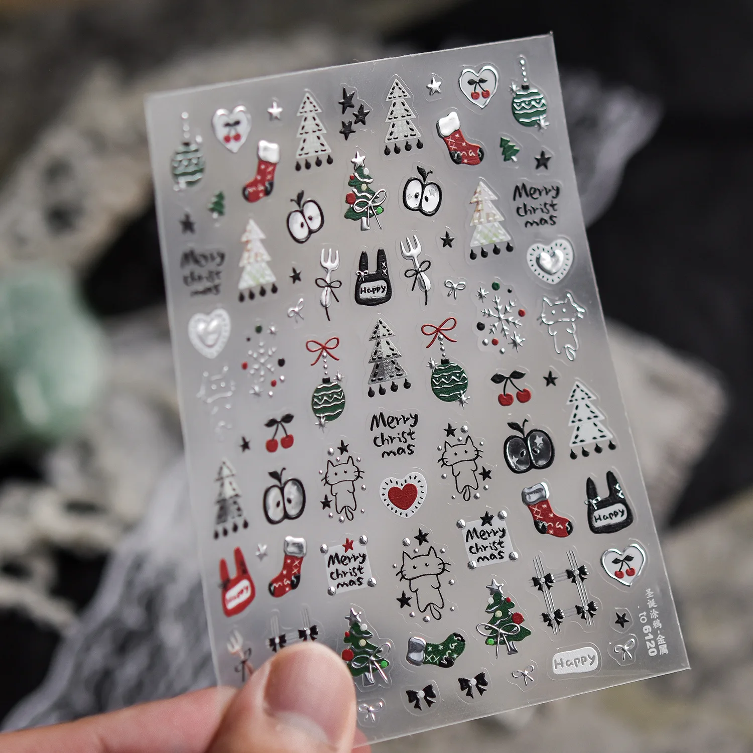 Cartoon Graffiti Winter Holiday 5D Nail Stickers Christmas Tree Stocking Bauble Fruit Slice Kitten Bunny Bow Heart Snowflake