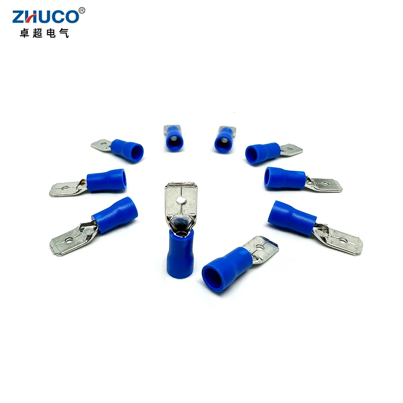 

100pcs MDD2-250 6.35mm Insulated Male Cable Connector Blue Plug Electrical Insulating Spade Crimp Terminal For 1.5-2.5mm2 Wiring