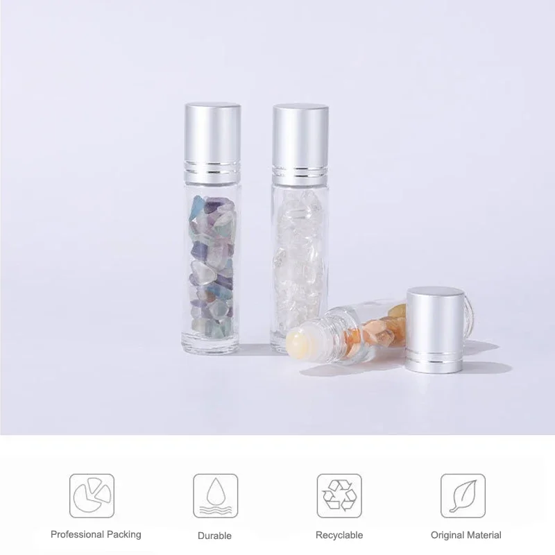 10Pcs 10ml Roll On Bottle Essential Oil Natural Jade Roller Bottles with Crystal Chip Glass Travel Refillable Bottle Containers