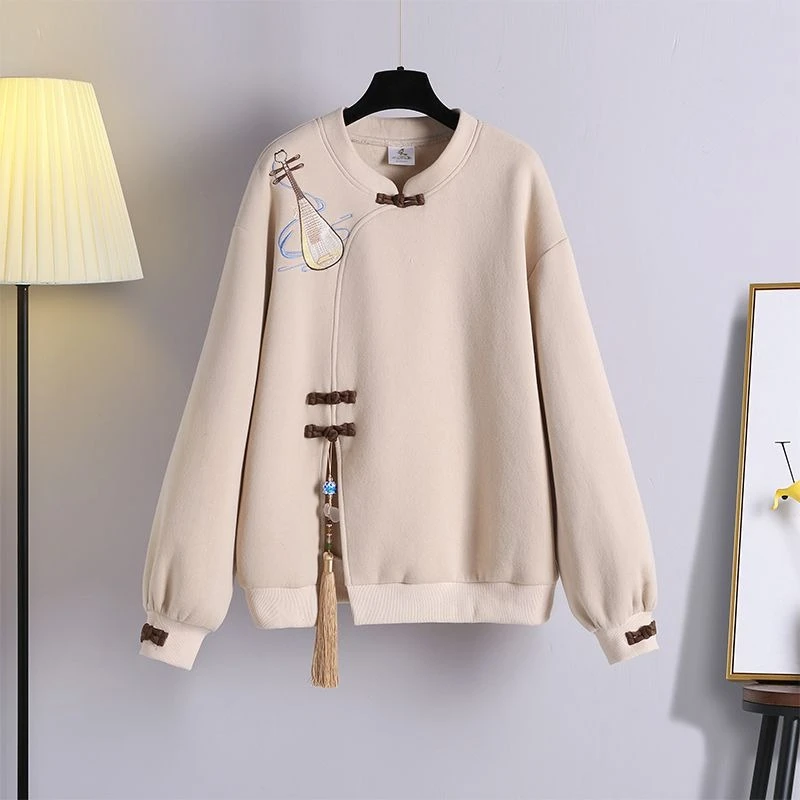 Women 2026 Fleece Lined Hoodie Chinese Hanfu Style Loose Pullover Sweatshirt Autumn Winter Casual Streetwear