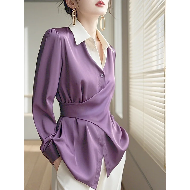 

2025 Spring New Simplicity Patchwork Solid Color Long Sleeve Blouse Femme Temperament Buttons Irregular Cardigan Shirts Top Tee