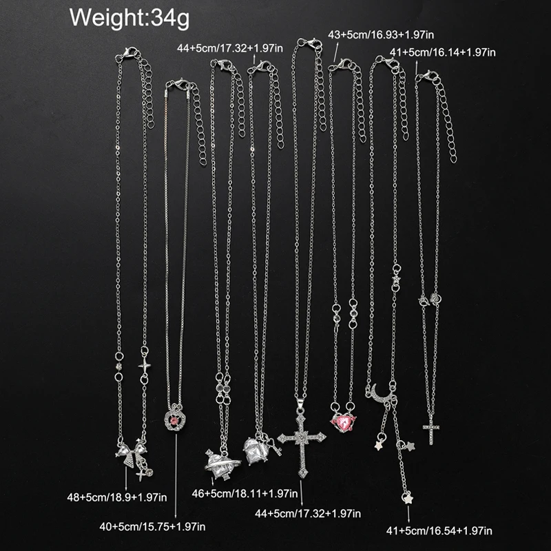 8pcs Y2K Crystal Heart Bow Cross Pendant Necklace Set For Women Fashion Kpop Shiny Clavicle Chain Necklaces Sweet Girls Jewelry image 6