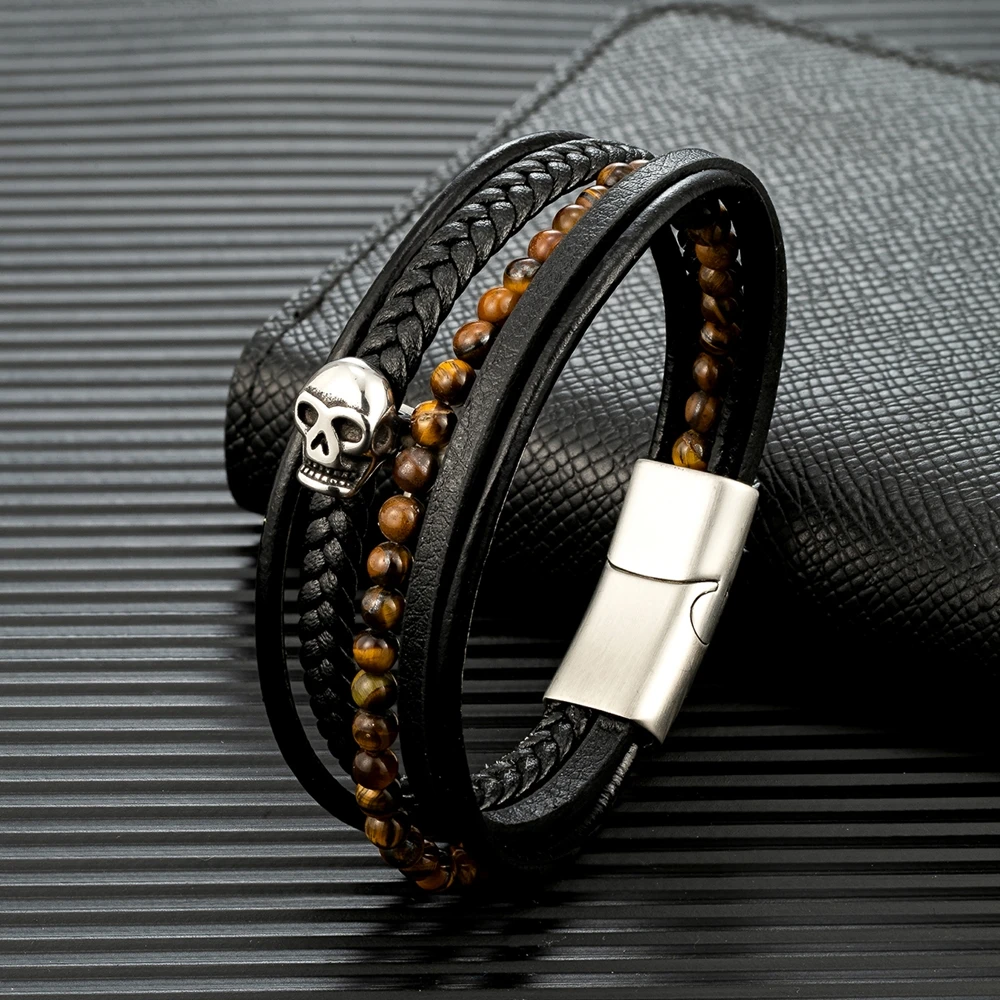 MKENDN High Quality Leather Bracelet Men Classic Fashion Tiger Eye Beaded Multi Layer Skull Leather Bracelet For Male Jewelry