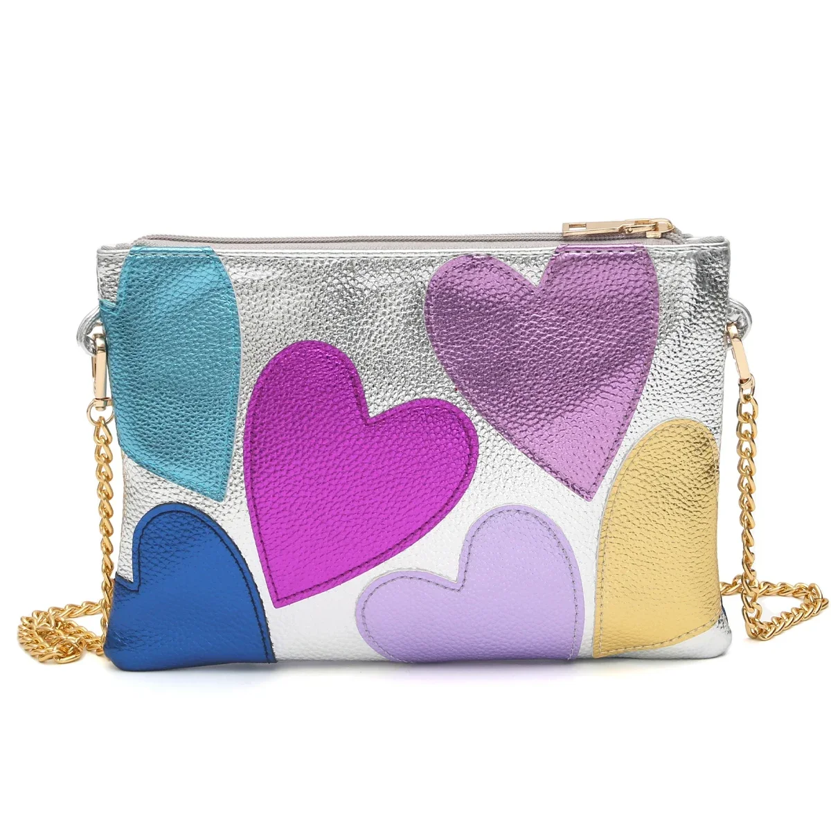

Luxury Design Colorful Metallic PU Leather Clutch Women Fashion Sweet Hearts Pattern Square Handbags Chain Crossbody Girls Purse