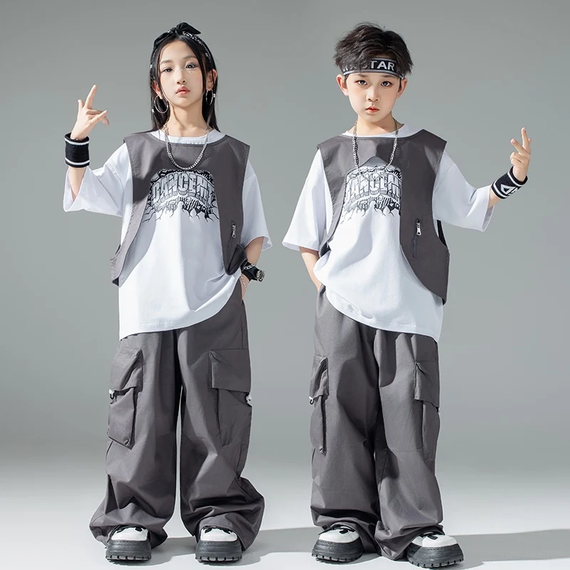 子供ヒップホップダンス衣装男の子ドラムショー服女の子半袖グレーベストカーゴパンツジャズパフォーマンススーツ BL16003