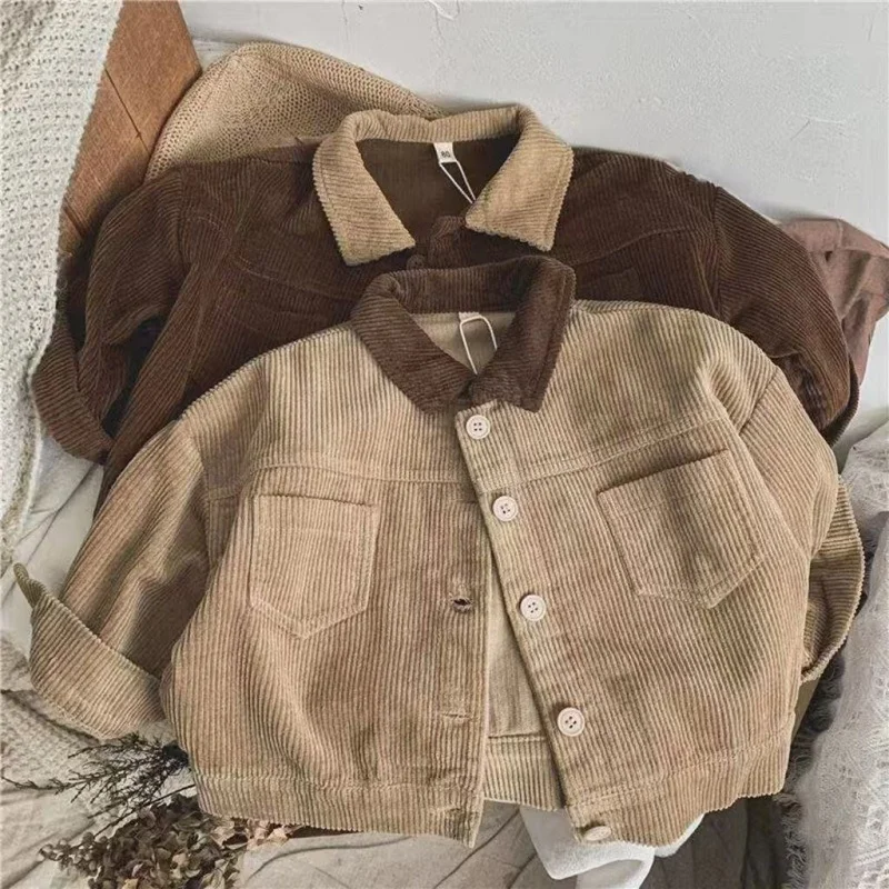 

Retro Korean Style Children's Block Corduroy Collar Jacket Unisex Baby Loose Coat Spring Autumn Top Simple Vintage Design