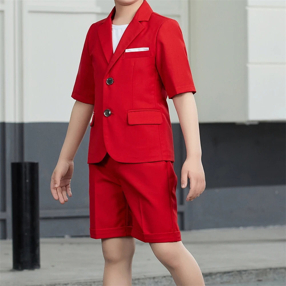 Fashion Red Smart Flower Boys Suits For Wedding High Quality Kids Suit Set 2 Pieces Jacket Shorts Choir Performance Costumes