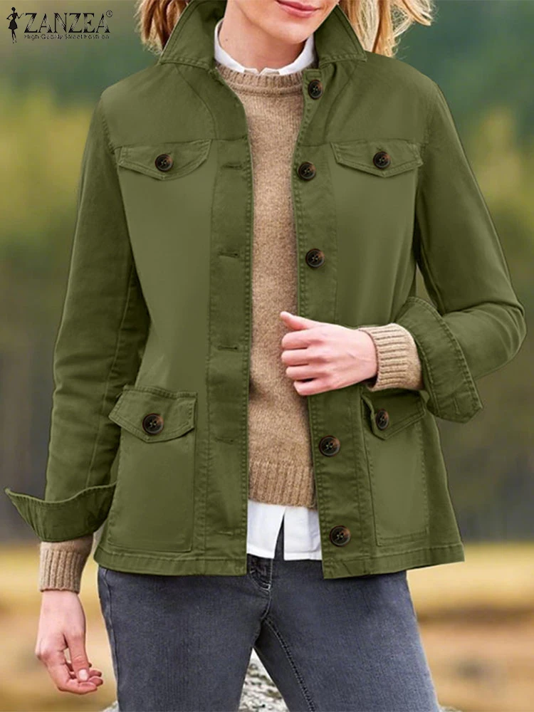 

ZANZEA Women Casual Jackets 2025 Autumn Long Sleeve Turn-Down Collar Button Up Overshirts Streetwear Work Wear Cargo Outerwear