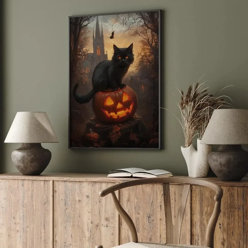 Vintage Dark Painting Black Jack O Lantern Gothic Church Forest Bat Halloween Canvas Poster Prints Frameless Wall Art Decoration