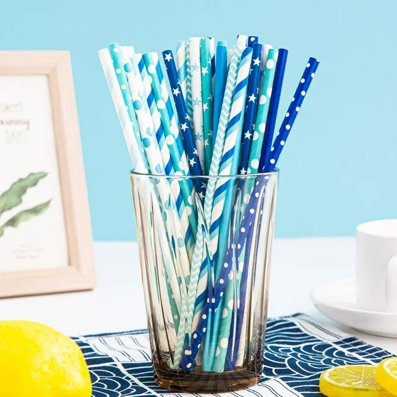 25pcs Disposable Paper Straws  Degradable Paper Blue Series Party Tableware Wedding Decoration Supplies Kids Birthday