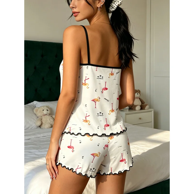Women Spring Summer Fall Pajama Set Spaghetti Strap Ruffle Trim Round Neck Sleeveless Cami Shorts Tropical Flamingo Palm Print